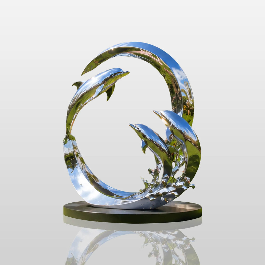 PREMIER Stainless Steel Dolphin Statue with Ring Design for Garden Poolside, Backyard or Coastal Park PSSS-299
