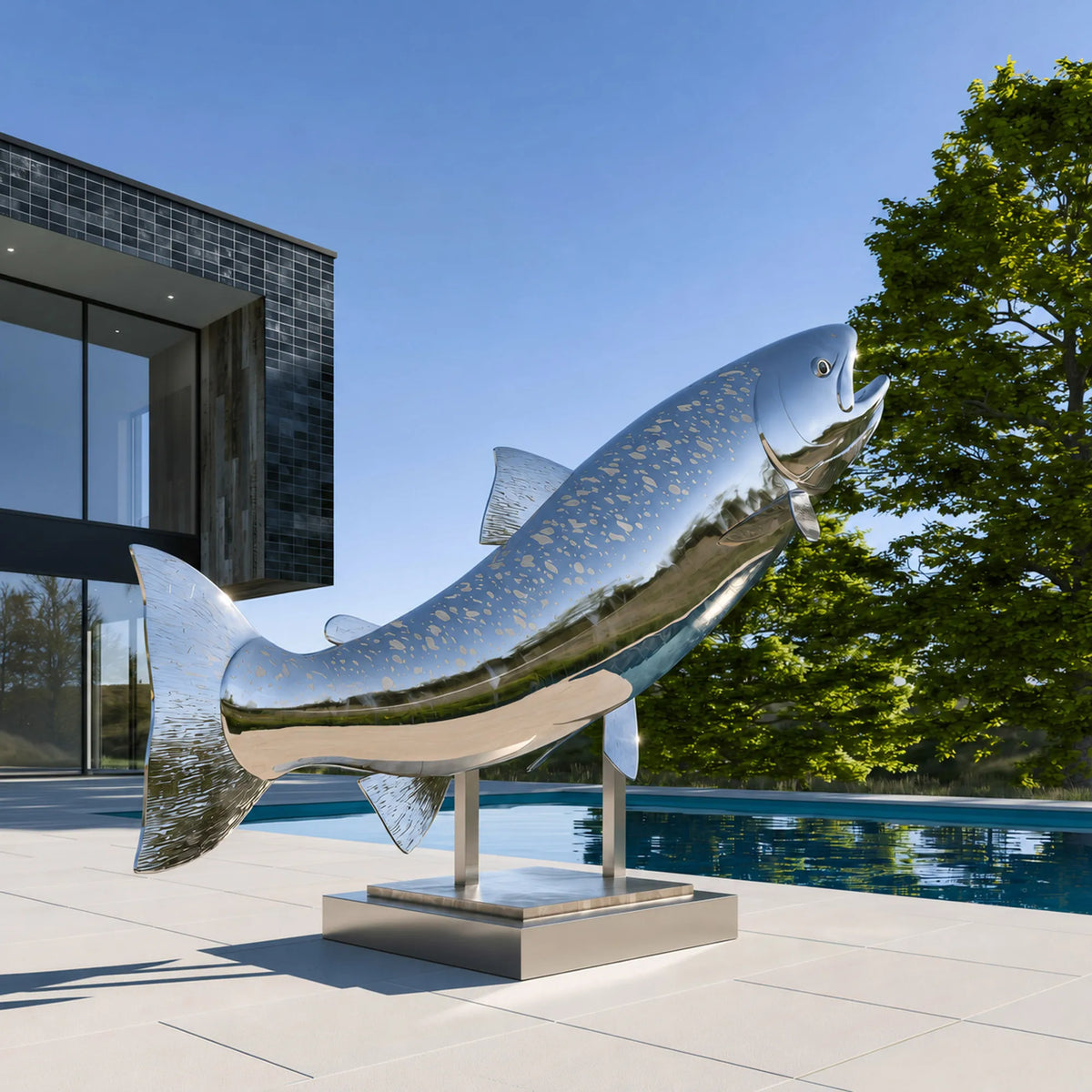PREMIER Stainless Steel Fish Statue in Rainbow Trout for Home Entrance, Front Yard or City Park Lawn PSSS-303