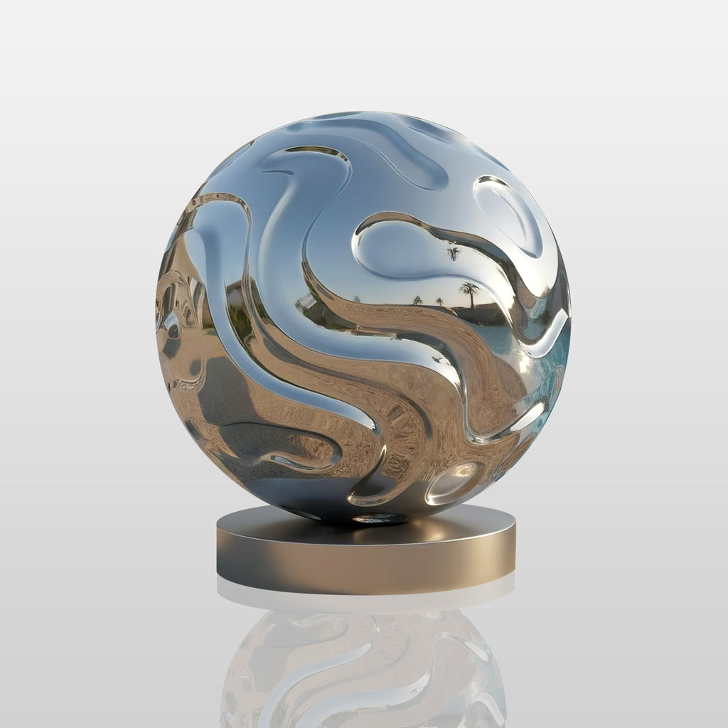 PREMIER Stainless Steel Flow Sphere Sculpture with Abstract Carved Surface for Contemporary Poolside and Modern Spaces PSSS-196