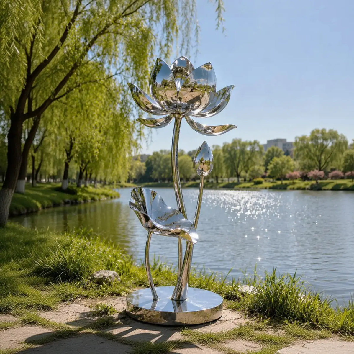 PREMIER Stainless Steel Lotus Sculpture for Backyard Pond, Pool Surround, Courtyard or Lake Shore PSSS-301