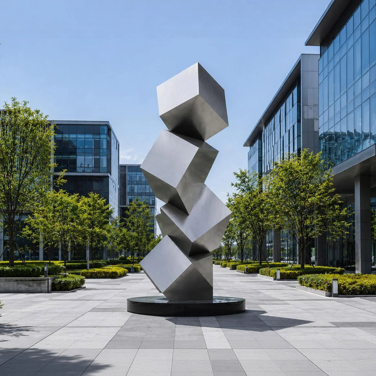 PREMIER Twisted Cube Sculpture in Brushed Stainless Steel for Corporate Plazas, Building Entrances or Luxury Exteriors PSSS-275