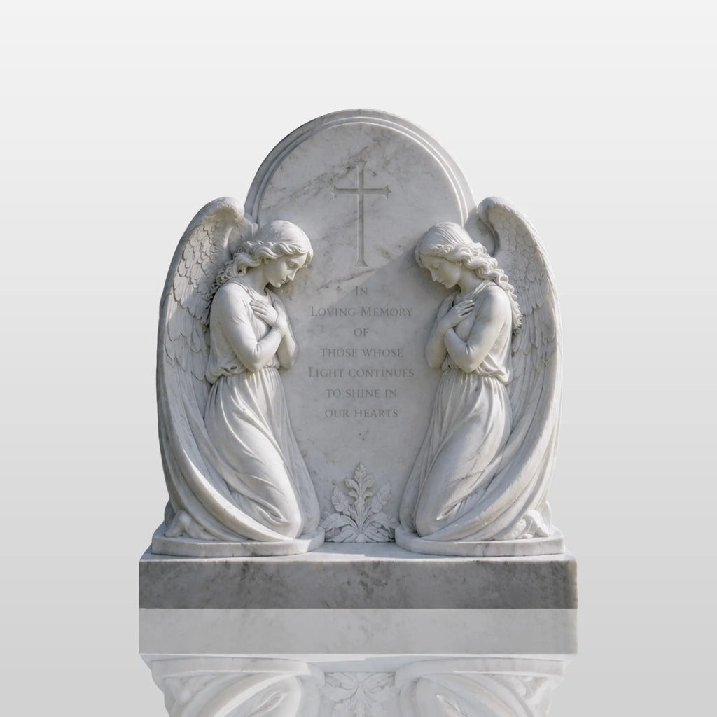 PREMIER White Marble Angel Tombstone for Memorial Garden, Graveyard, Cemetery or Green Burial Ground PSM-161