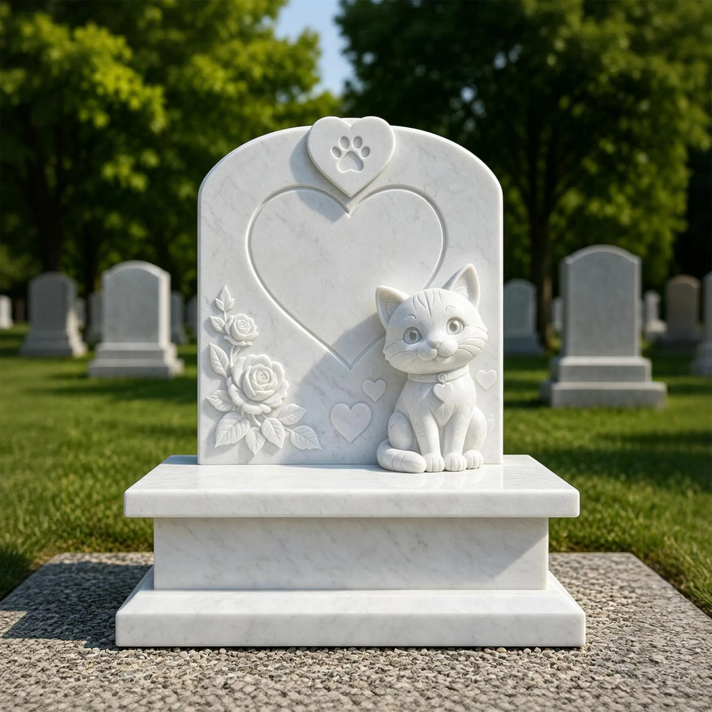 PREMIER White Marble Headstone with Cartoon Cat Design for Cemetery, Courtyard or Graves PSM-193