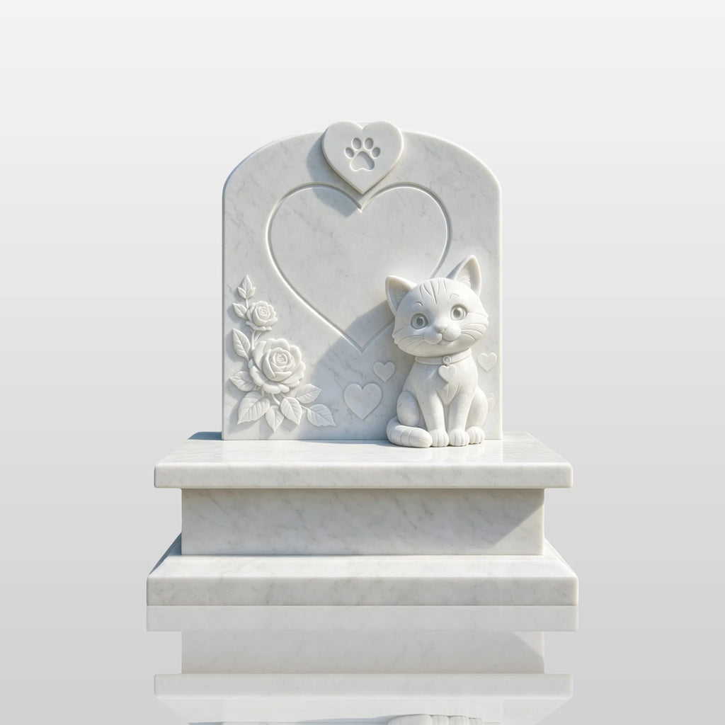 PREMIER White Marble Headstone with Cartoon Cat Design for Cemetery, Courtyard or Graves PSM-193