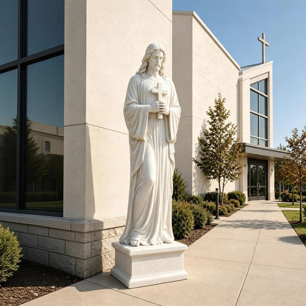 PREMIER White Marble Jesus Statue with Cross for Front Yard, Church Courtyard or Walkway PSM-203