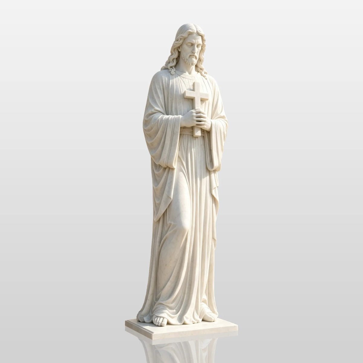 PREMIER White Marble Jesus Statue with Cross for Front Yard, Church Courtyard or Walkway PSM-203