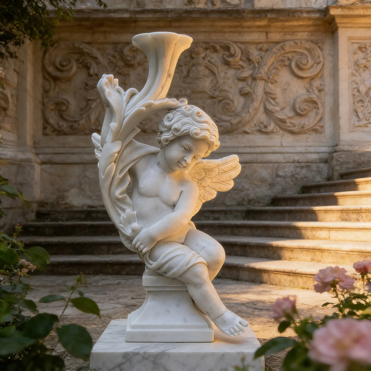 PREMIER White Marble Sculpture with Little Angel Design Ideal for Gardens, Memorial Parks or Outdoor Art Spaces PSM-109
