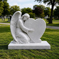 PREMIER White Marble Tombstone with Angel Hugging Heart for Green Lawn Cemetery or Church Graveyard PSM-181
