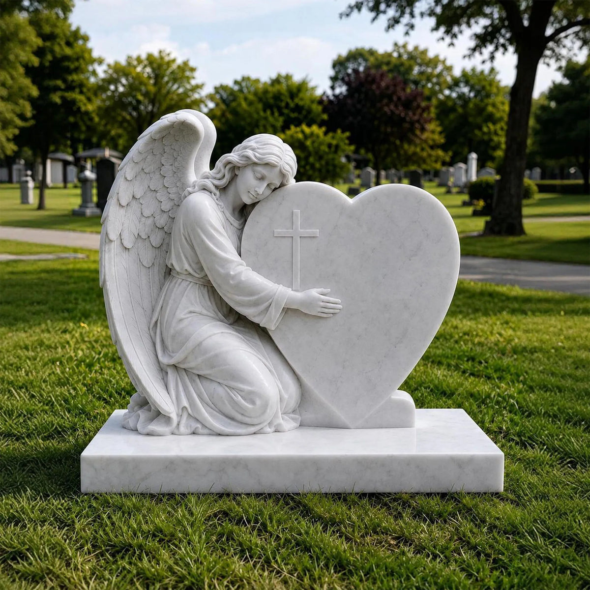 PREMIER White Marble Tombstone with Angel Hugging Heart for Green Lawn Cemetery or Church Graveyard PSM-181