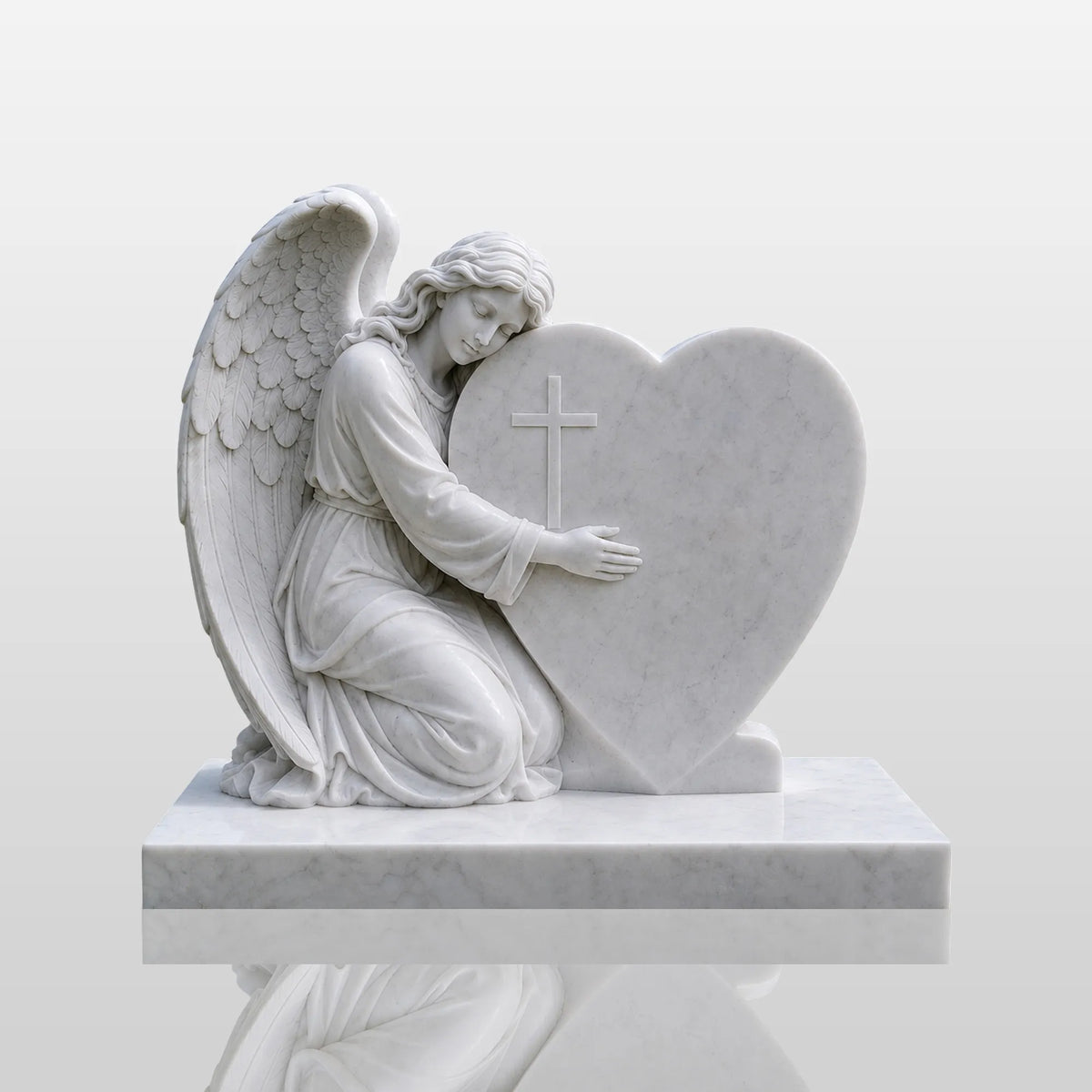 PREMIER White Marble Tombstone with Angel Hugging Heart for Green Lawn Cemetery or Church Graveyard PSM-181