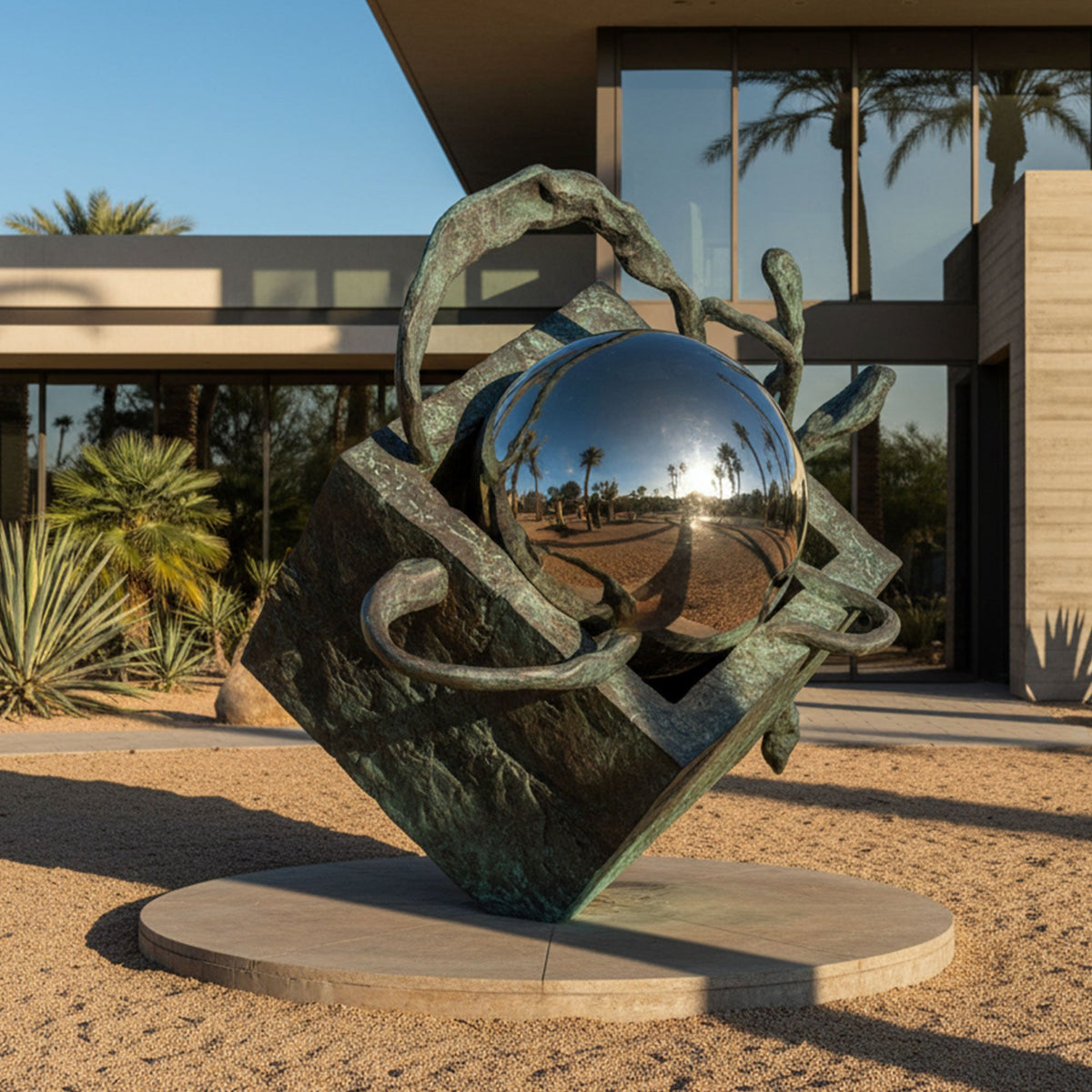 PREMIER Abstract Metal Sphere Sculpture in Modern Bronze Patina and Mirror Polished Stainless Steel for Villa Garden, Courtyard Outdoor Landscape PSB-166