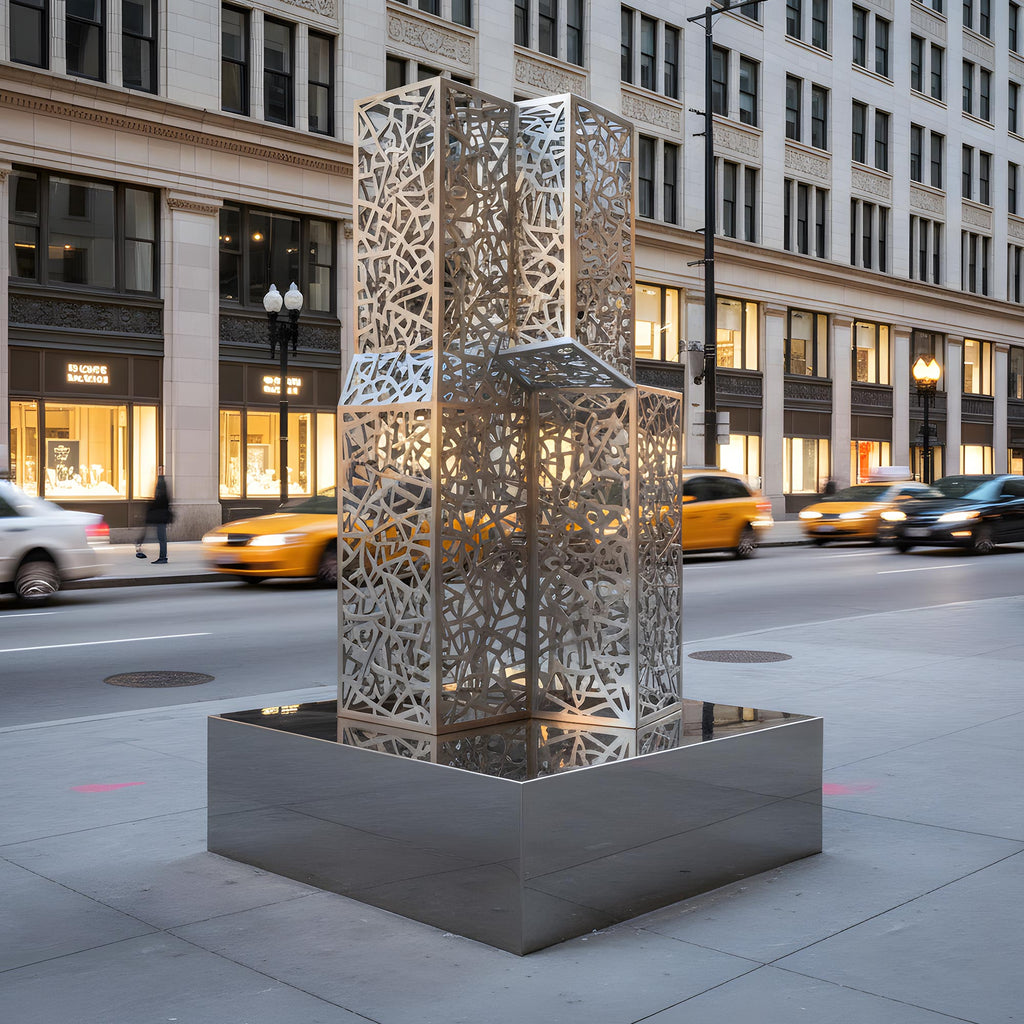 PREMIER Modern Openwork Cube Stainless Steel Sculpture with Mirror Polished Finish for Urban Plaza and Commercial Street PSSS-258