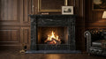 Black marble fireplace mantel with white veining in a paneled luxury interior