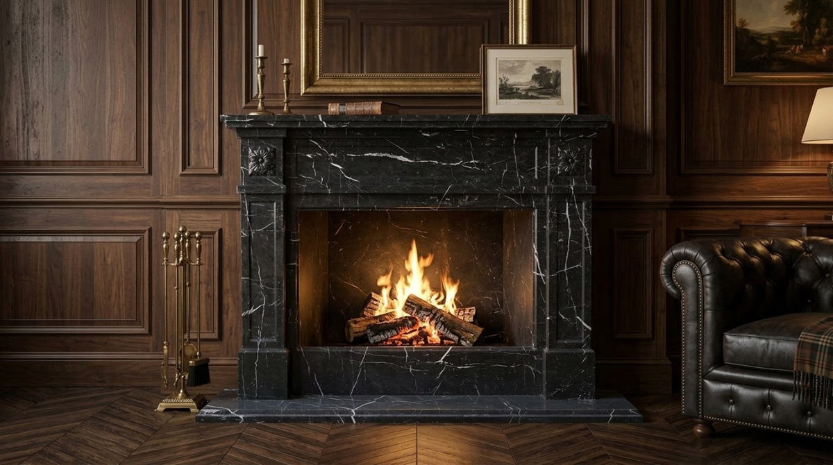 Black marble fireplace mantel with white veining in a paneled luxury interior