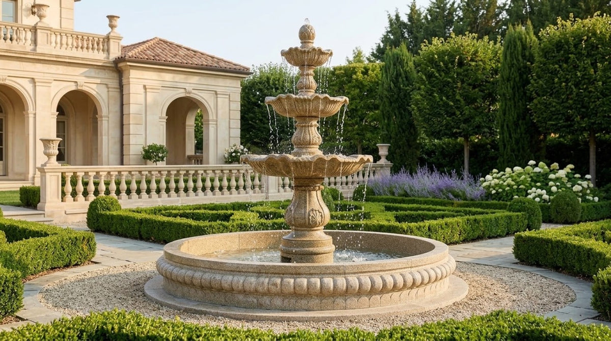 Classical three-tier natural stone fountain in a formal estate garden