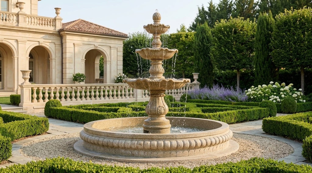 Classical three-tier natural stone fountain alternate estate garden view