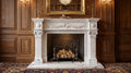 Classical white marble fireplace mantel with carved garland and Corinthian details