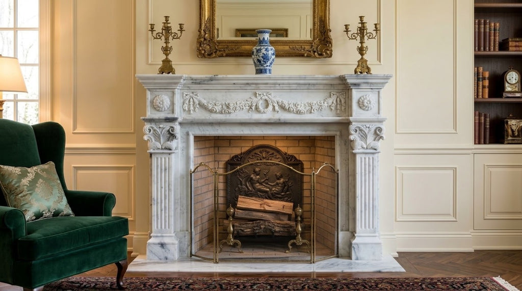 Classical white marble fireplace mantel shown in a cream luxury interior