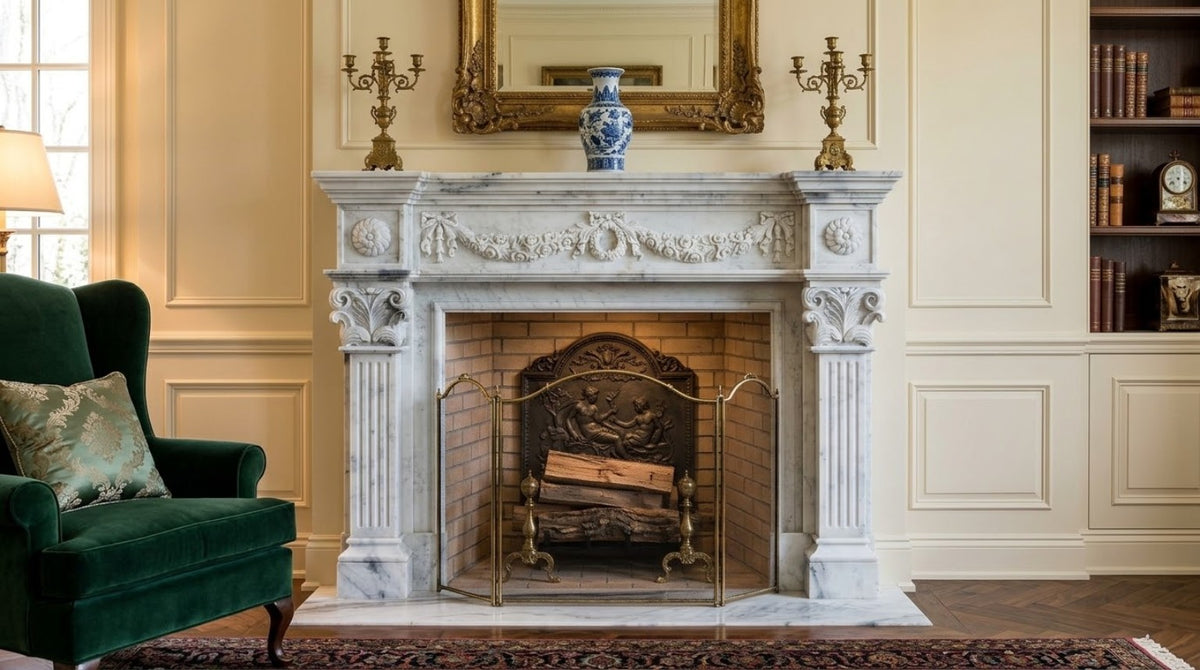 Classical white marble fireplace mantel shown in a cream luxury interior
