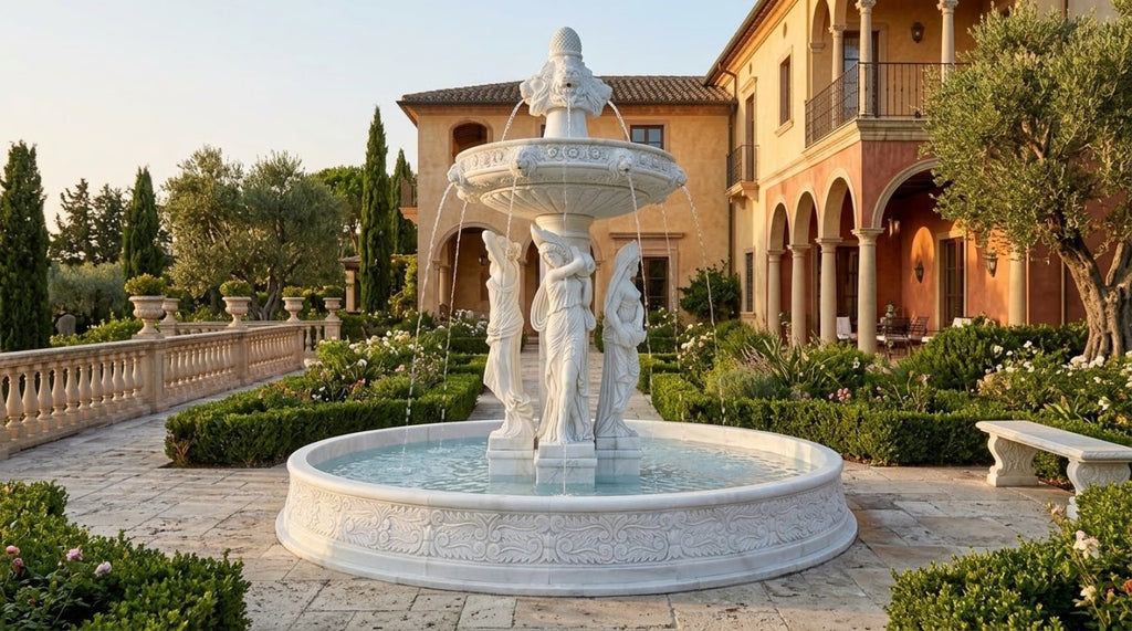 White marble figural fountain with three classical female figures