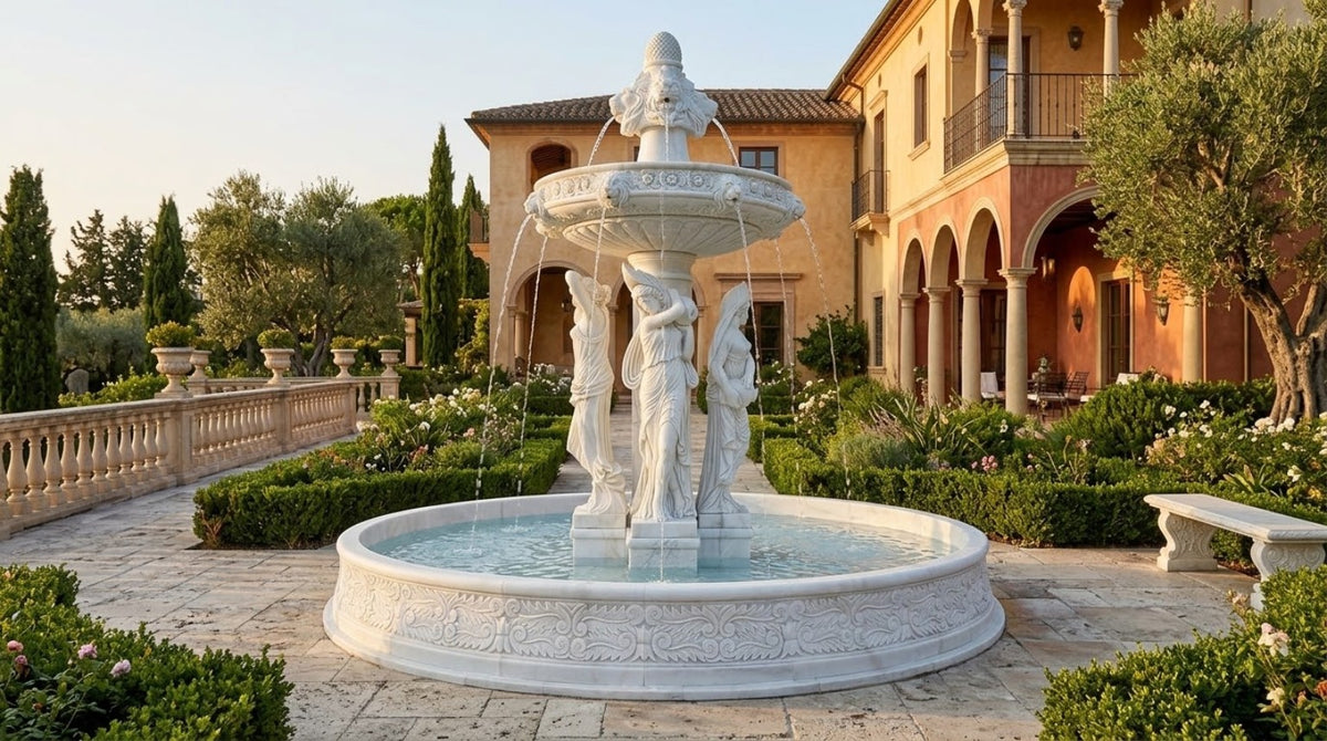 White marble figural fountain alternate courtyard view