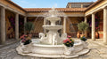 White marble horse figural fountain in a Mediterranean courtyard