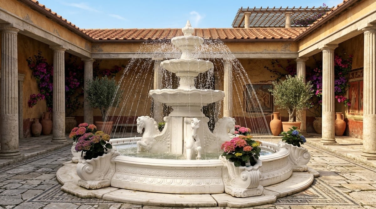 White marble horse figural fountain in a Mediterranean courtyard